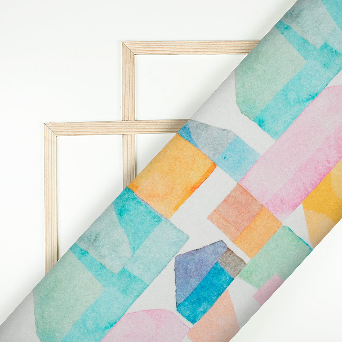 Taffy Pink And Sky Blue Geometric Pattern Digital Print Viscose Chanderi Fabric