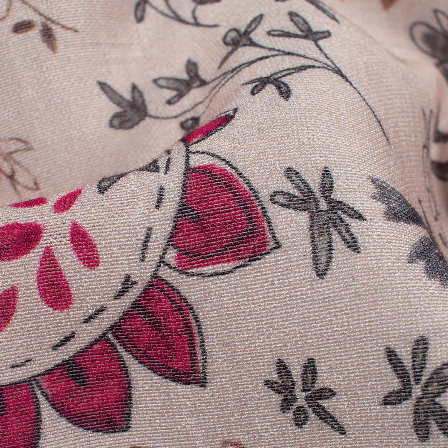 Ivory Beige And Sage Grey Leaf Pattern Digital Print Viscose Chanderi Fabric