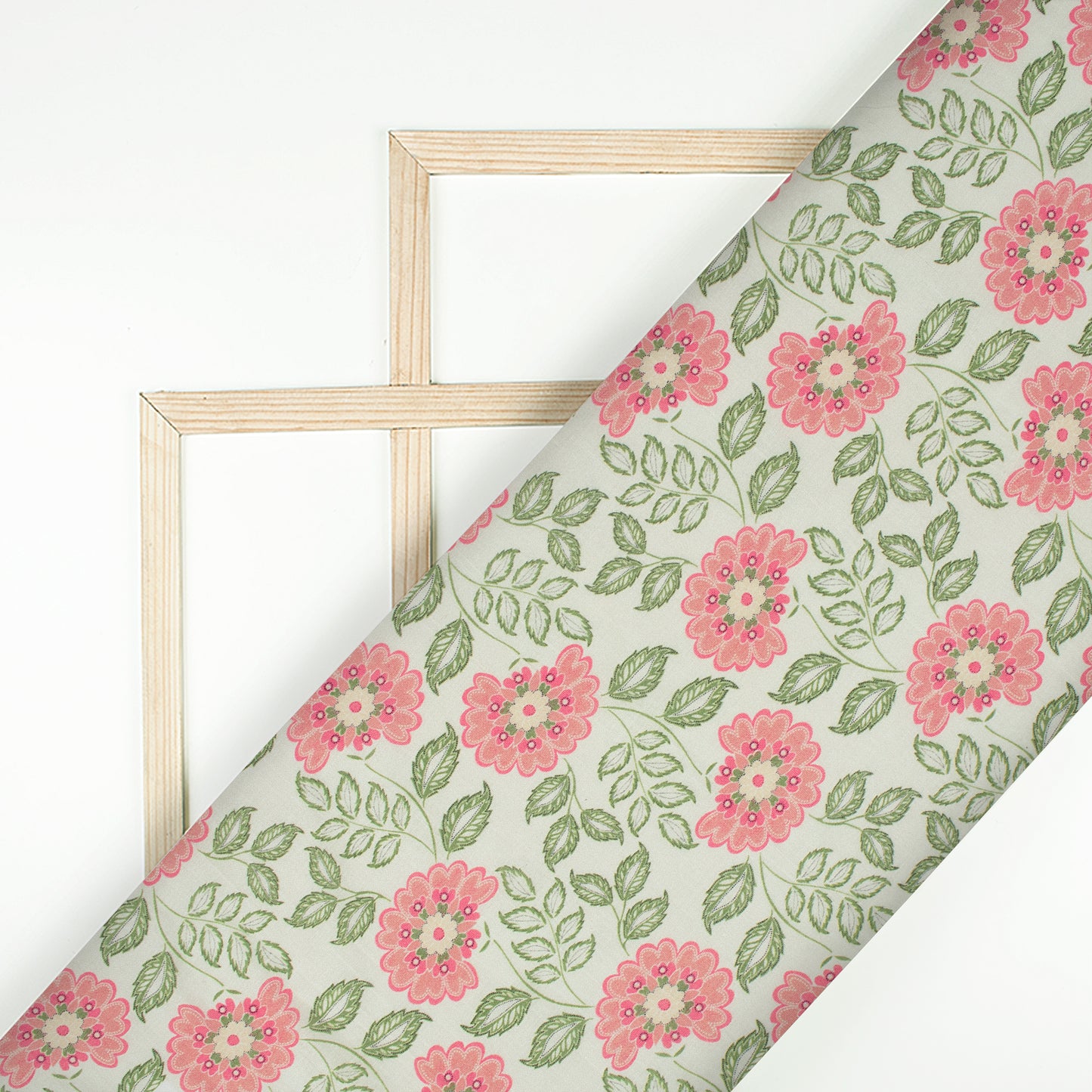Pale Green And Taffy Pink Floral Pattern Digital Print Viscose Chanderi Fabric