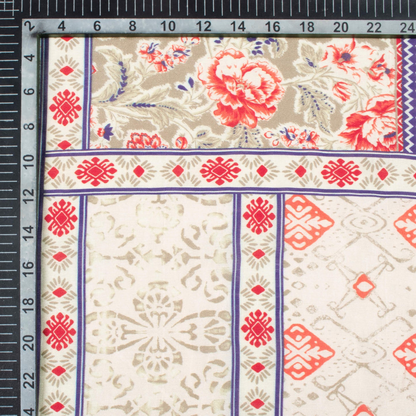 Trout Grey And Red Traditional Pattern Digital Print Viscose Chanderi Fabric