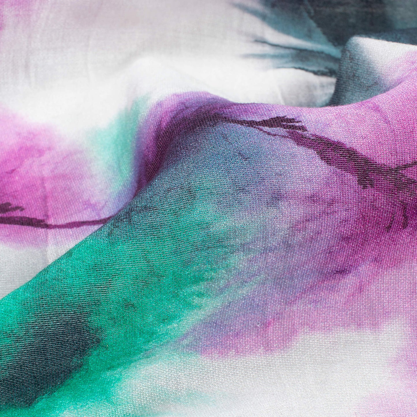 Pine Green And White Shiiborii Pattern Digital Print Viscose Chanderi Fabric