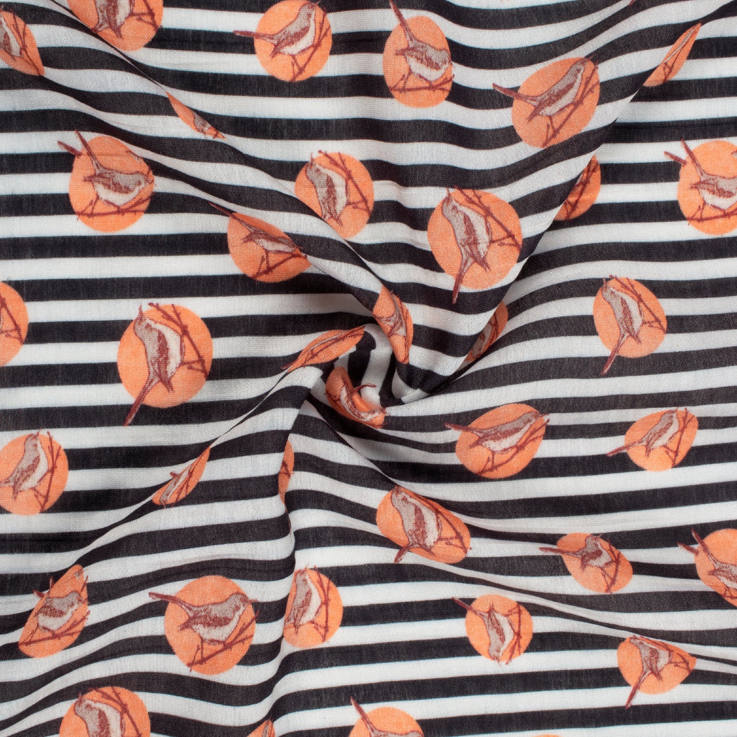 Black And Peach Bird Pattern Digital Print Viscose Chanderi Fabric