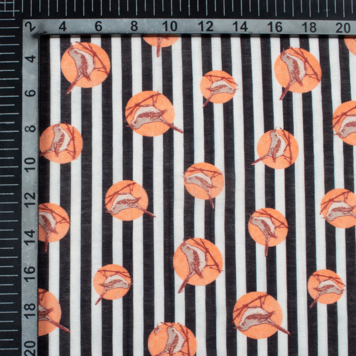 Black And Peach Bird Pattern Digital Print Viscose Chanderi Fabric