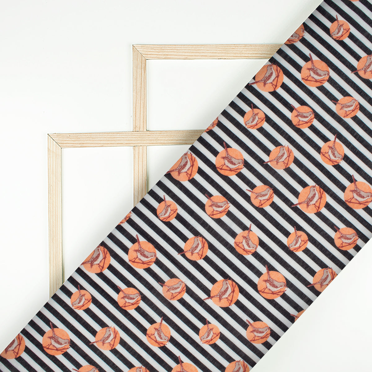 Black And Peach Bird Pattern Digital Print Viscose Chanderi Fabric