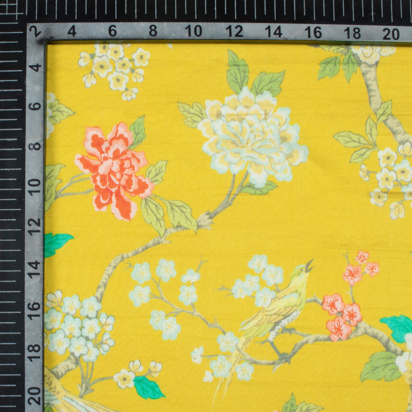 Bumblebee Yellow And Steel Grey Bird Pattern Digital Print Viscose Chanderi Fabric