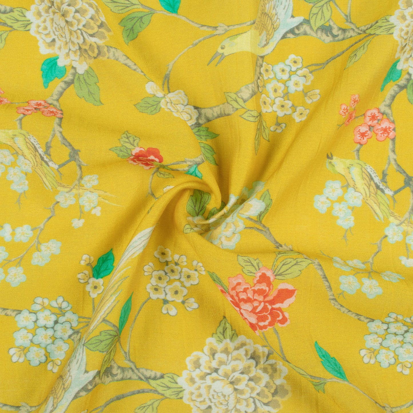 Bumblebee Yellow And Steel Grey Bird Pattern Digital Print Viscose Chanderi Fabric