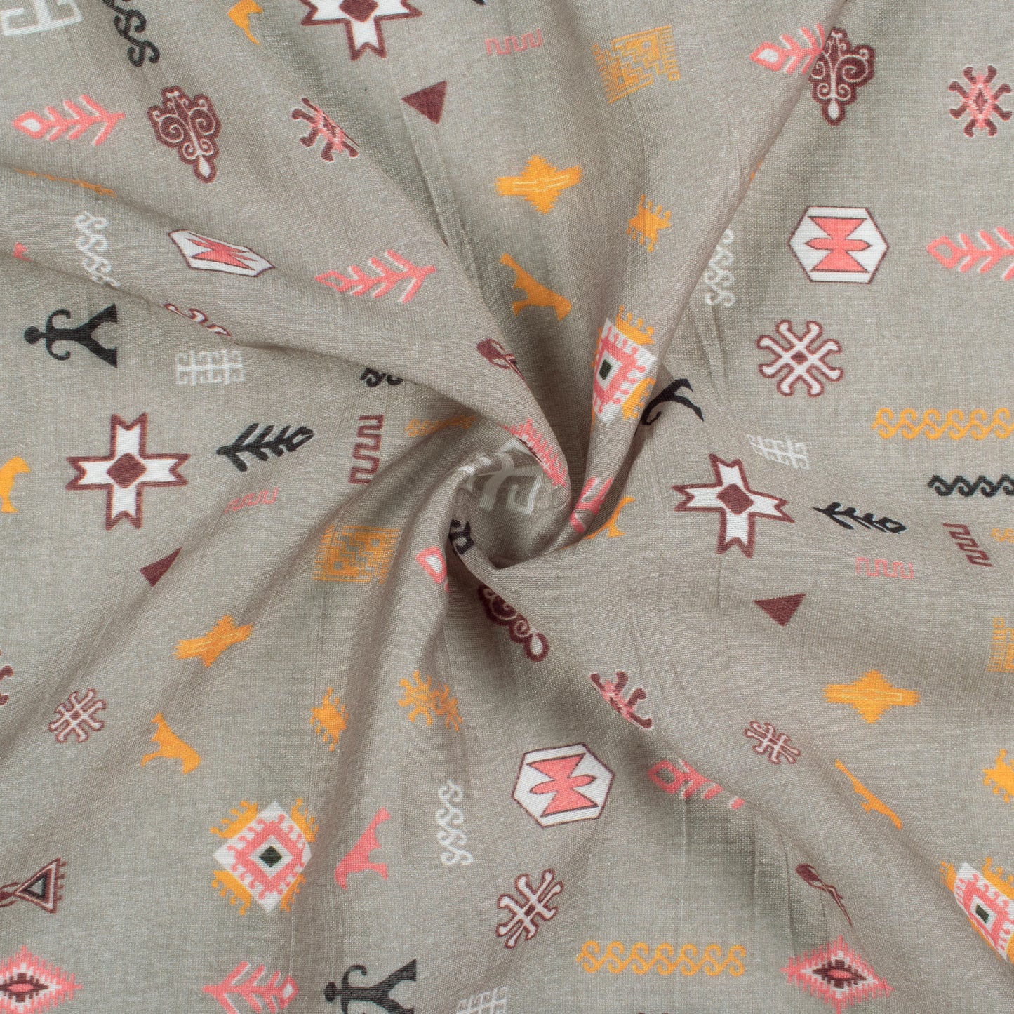 Sage Grey And Coral Pink Quirky Pattern Digital Print Viscose Chanderi Fabric