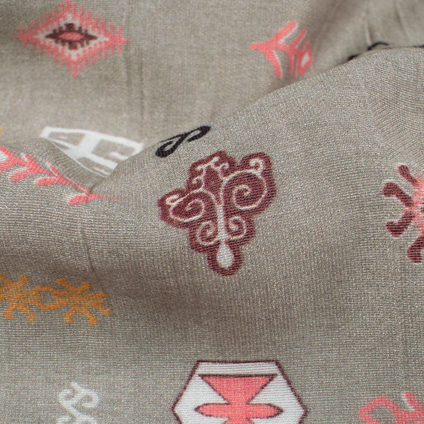 Sage Grey And Coral Pink Quirky Pattern Digital Print Viscose Chanderi Fabric