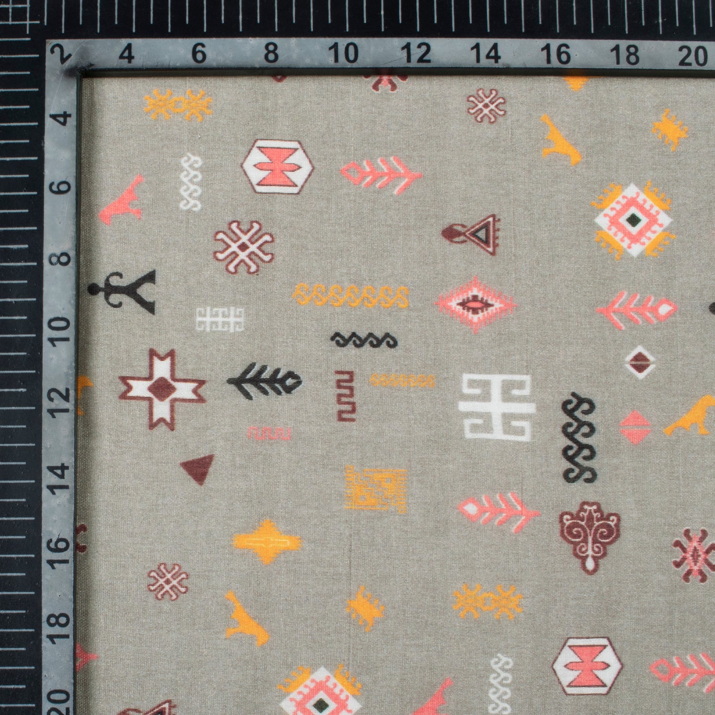Sage Grey And Coral Pink Quirky Pattern Digital Print Viscose Chanderi Fabric