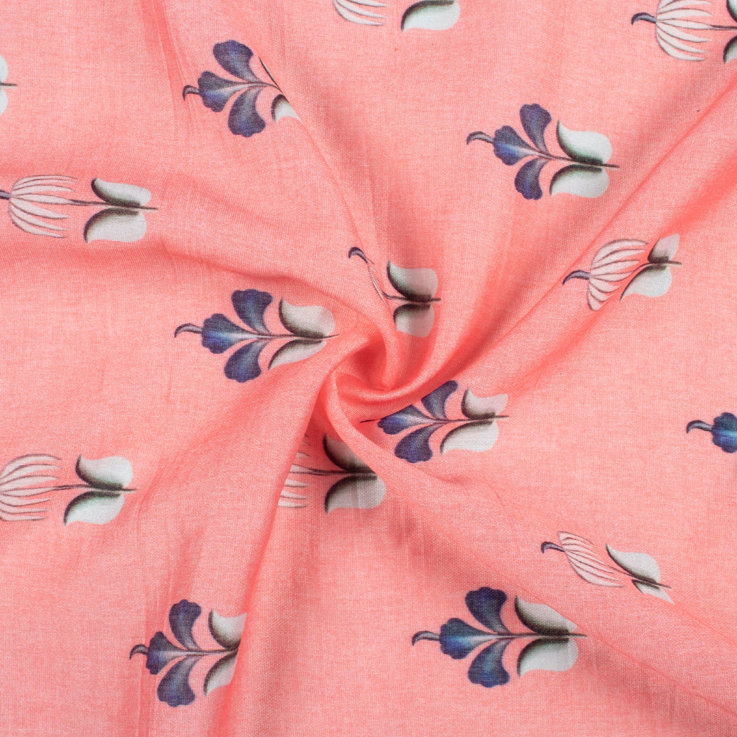 Coral Pink And Navy Blue Floral Pattern Digital Print Viscose Chanderi Fabric