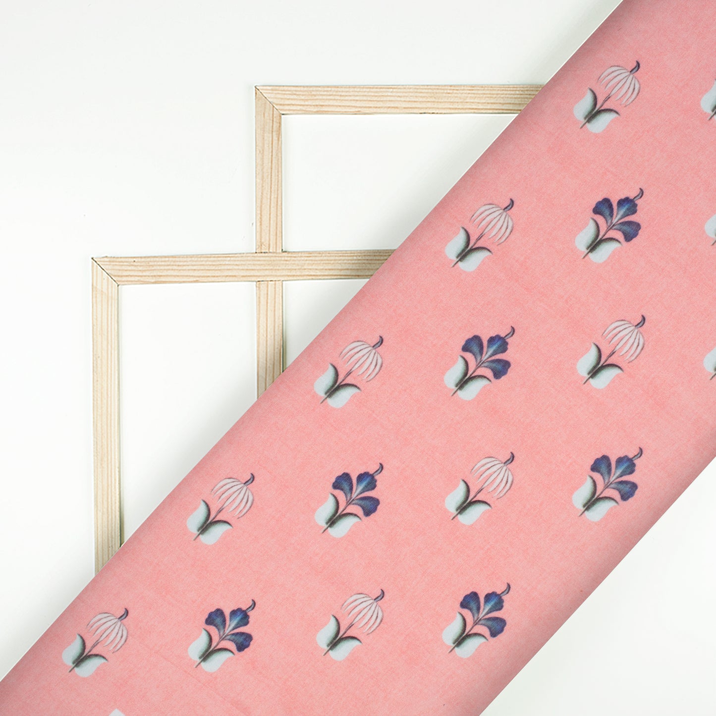 Coral Pink And Navy Blue Floral Pattern Digital Print Viscose Chanderi Fabric
