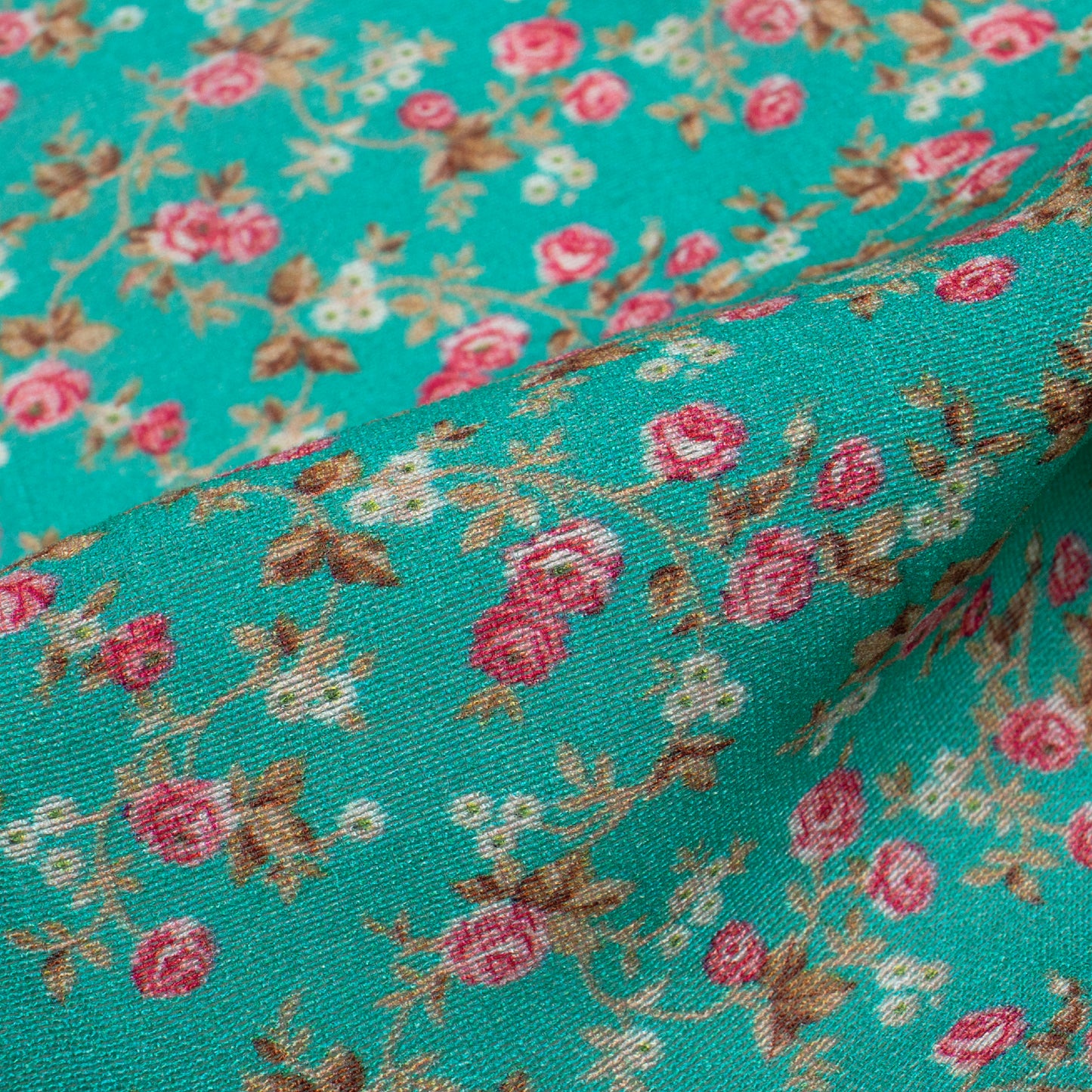 Teal Blue And Pink Floral Pattern Digital Print Viscose Chanderi Fabric