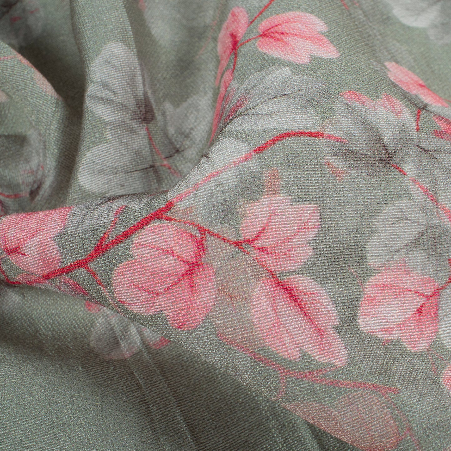 Slate Grey And Taffy Pink Floral Pattern Digital Print Viscose Chanderi Fabric