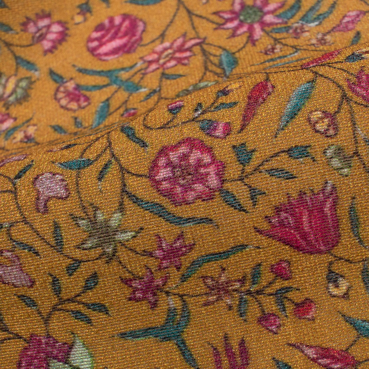 Light Ochre Yellow And Deep Pink Floral Pattern Digital Print Viscose Chanderi Fabric