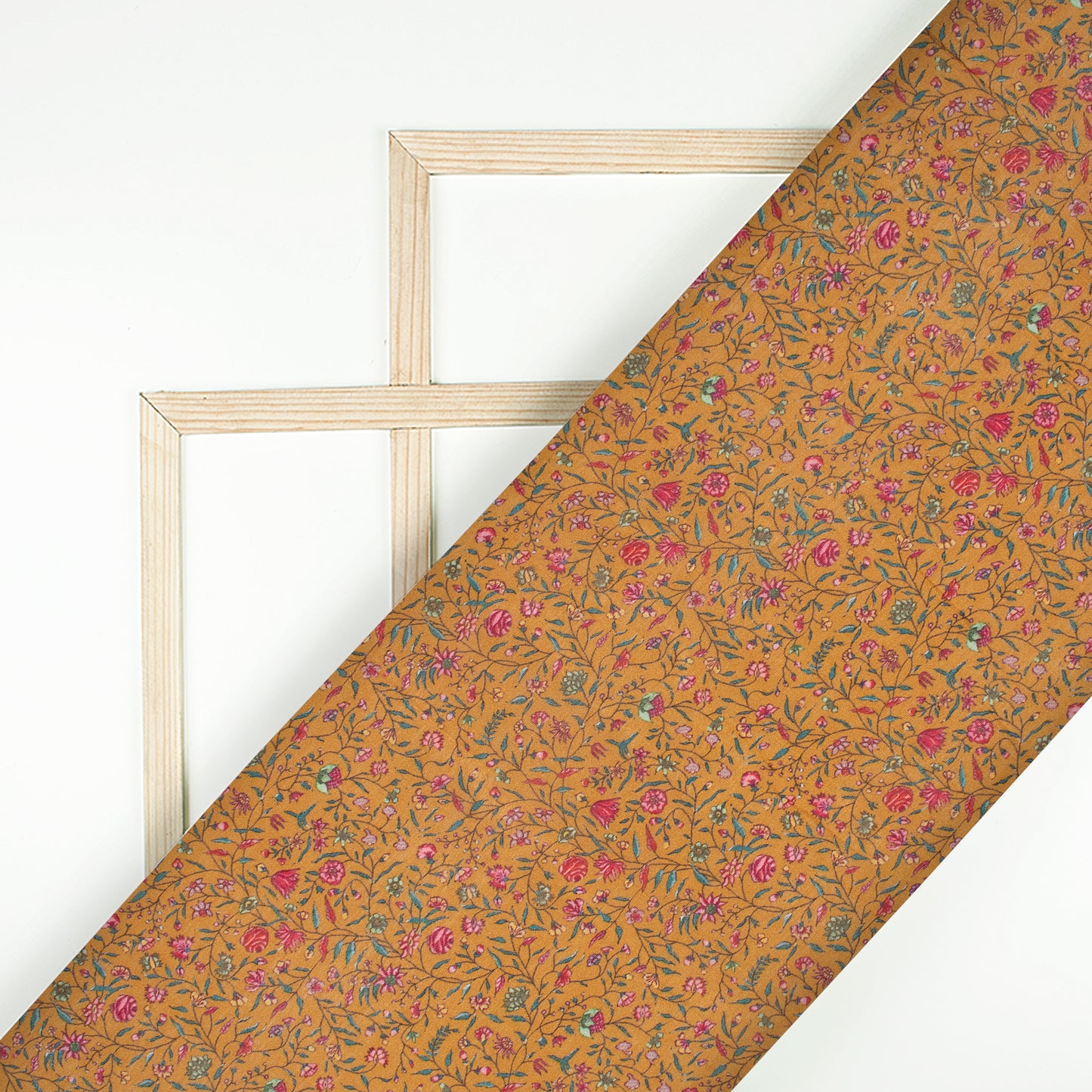 Light Ochre Yellow And Deep Pink Floral Pattern Digital Print Viscose Chanderi Fabric