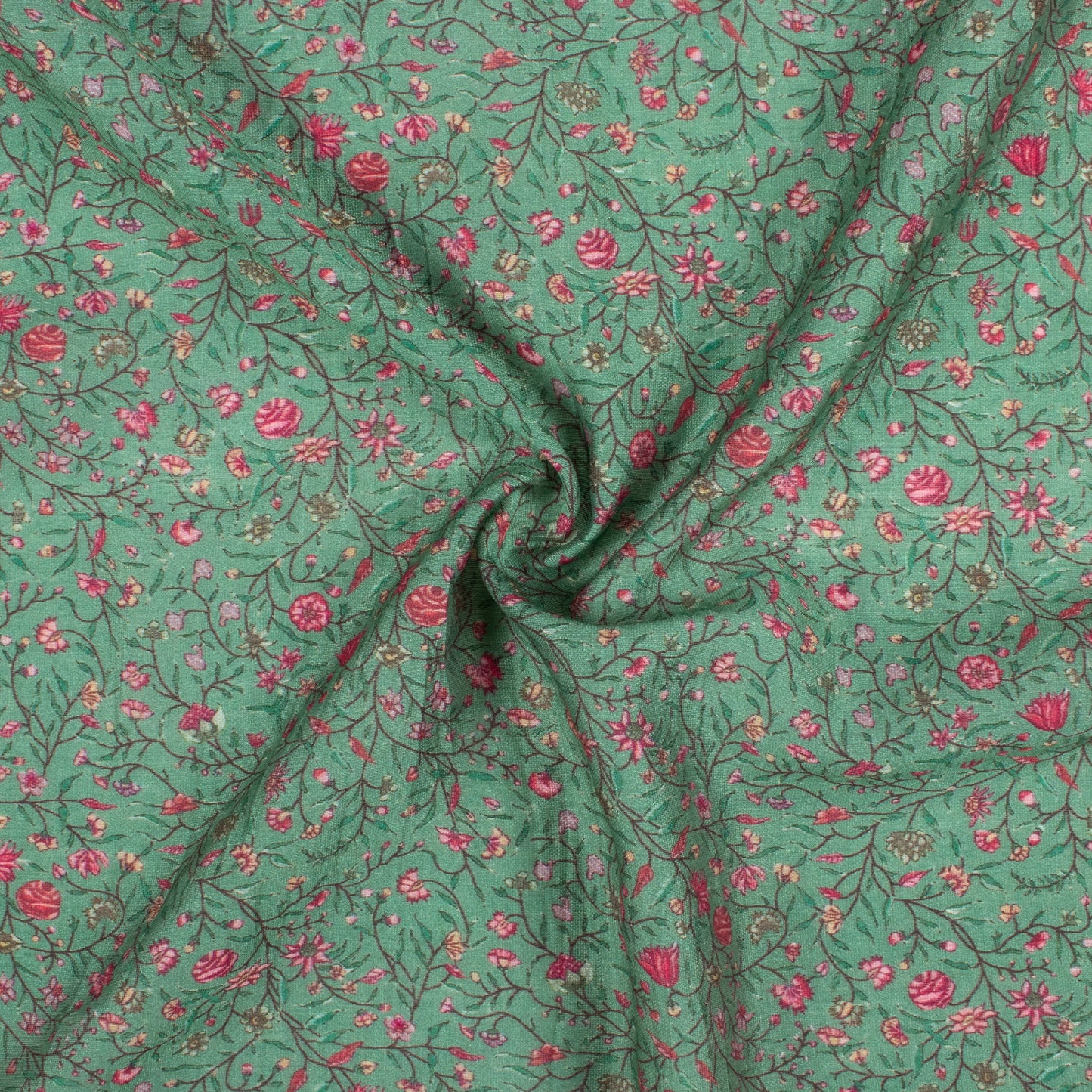 Viridian Green And Red Floral Pattern Digital Print Viscose Chanderi Fabric