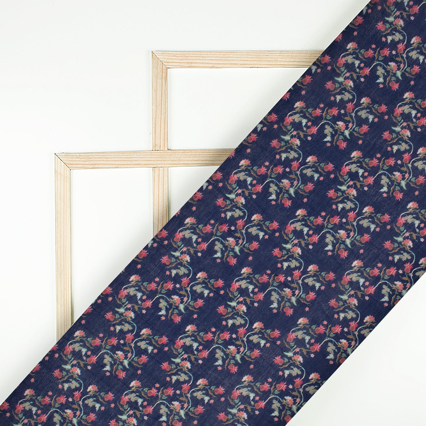 Space Blue And Taffy Pink Floral Pattern Digital Print Viscose Chanderi Fabric