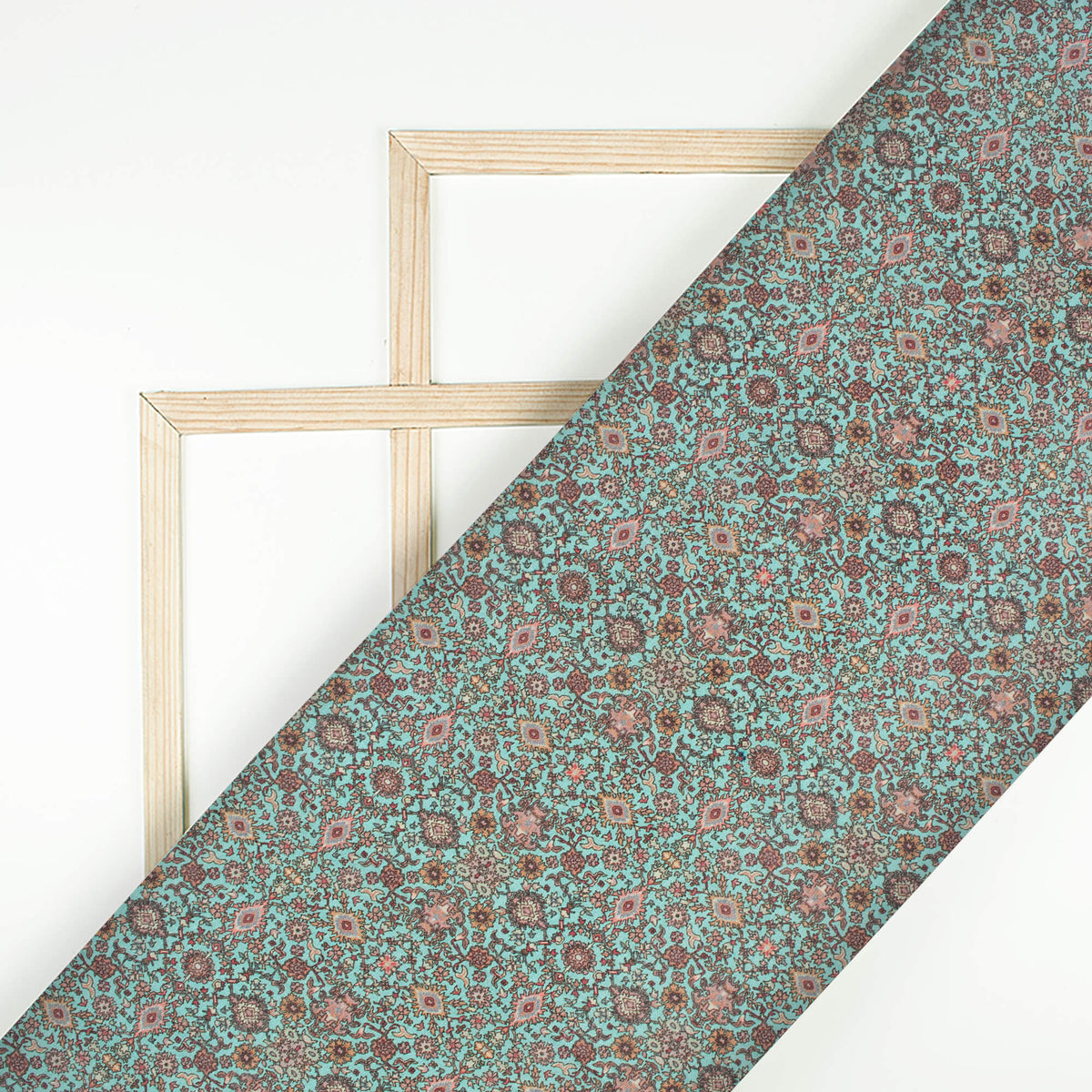 Aqua Green And Maroon Ethnic Pattern Digital Print Viscose Chanderi Fabric