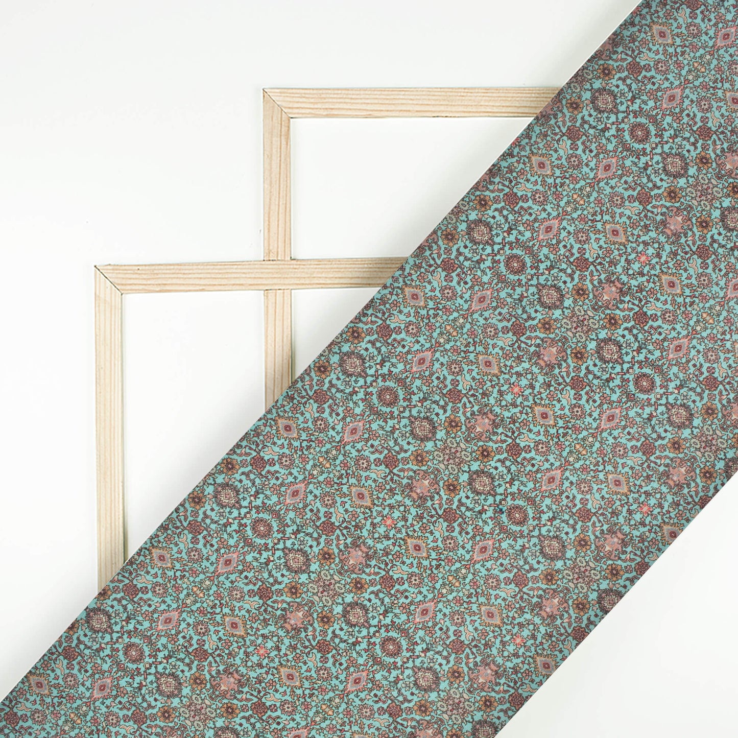 Aqua Green And Maroon Ethnic Pattern Digital Print Viscose Chanderi Fabric