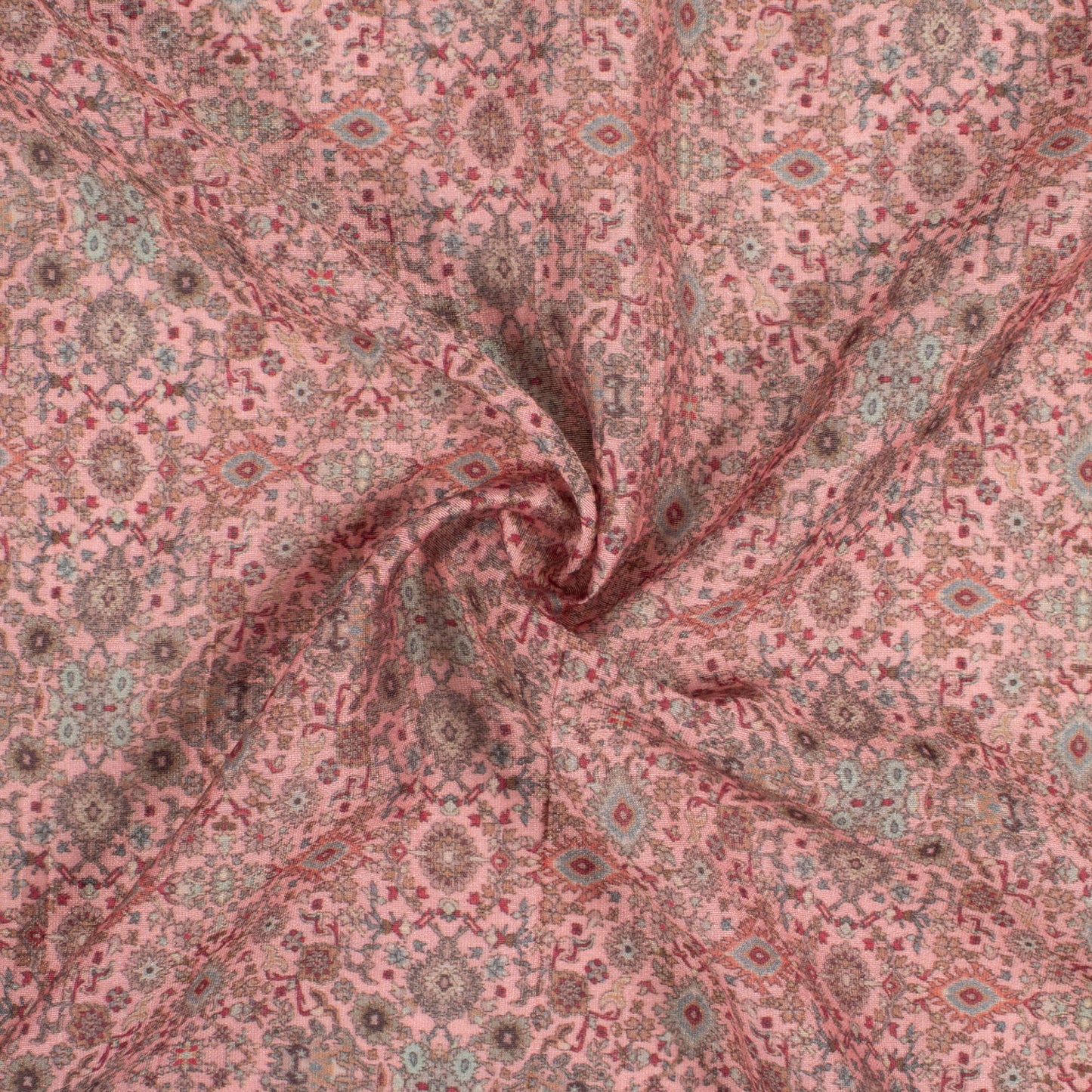 Flamingo Pink And Sage Green Ethnic Pattern Digital Print Viscose Chanderi Fabric