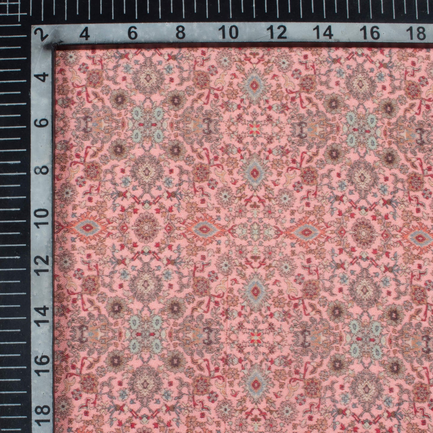 Flamingo Pink And Sage Green Ethnic Pattern Digital Print Viscose Chanderi Fabric