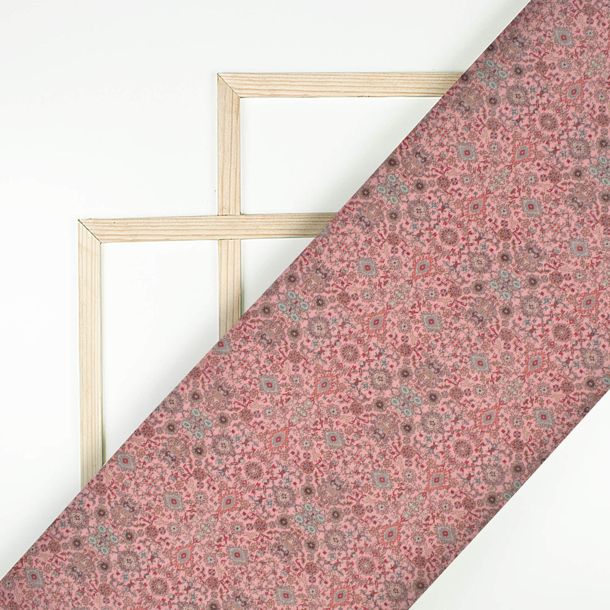 Flamingo Pink And Sage Green Ethnic Pattern Digital Print Viscose Chanderi Fabric