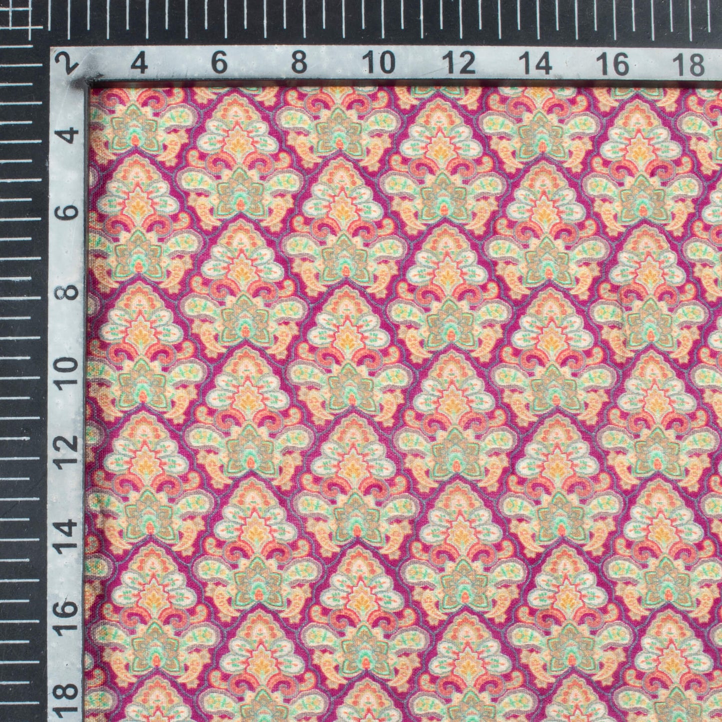 Magenta Purple And Tea Green Ethnic Pattern Digital Print Viscose Chanderi Fabric