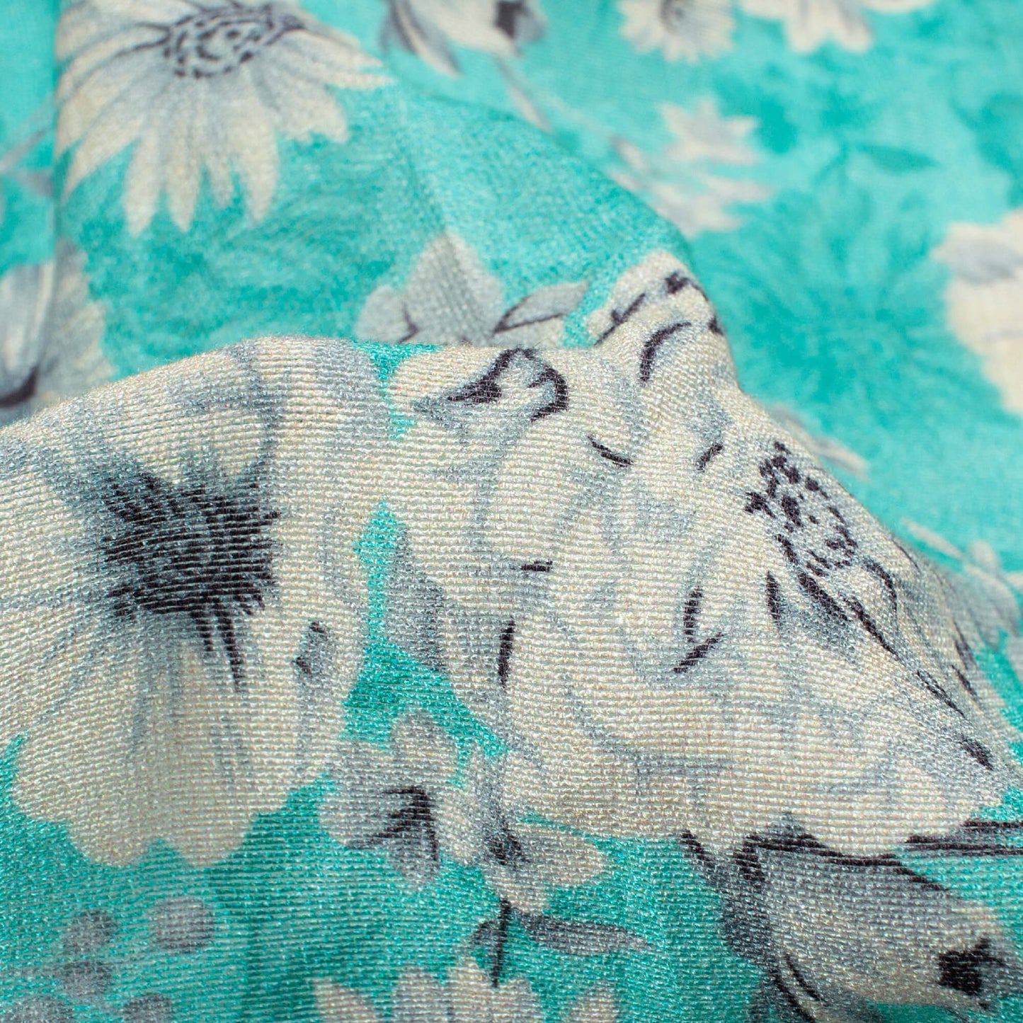 Sky Blue And White Floral Pattern Digital Print Viscose Chanderi Fabric