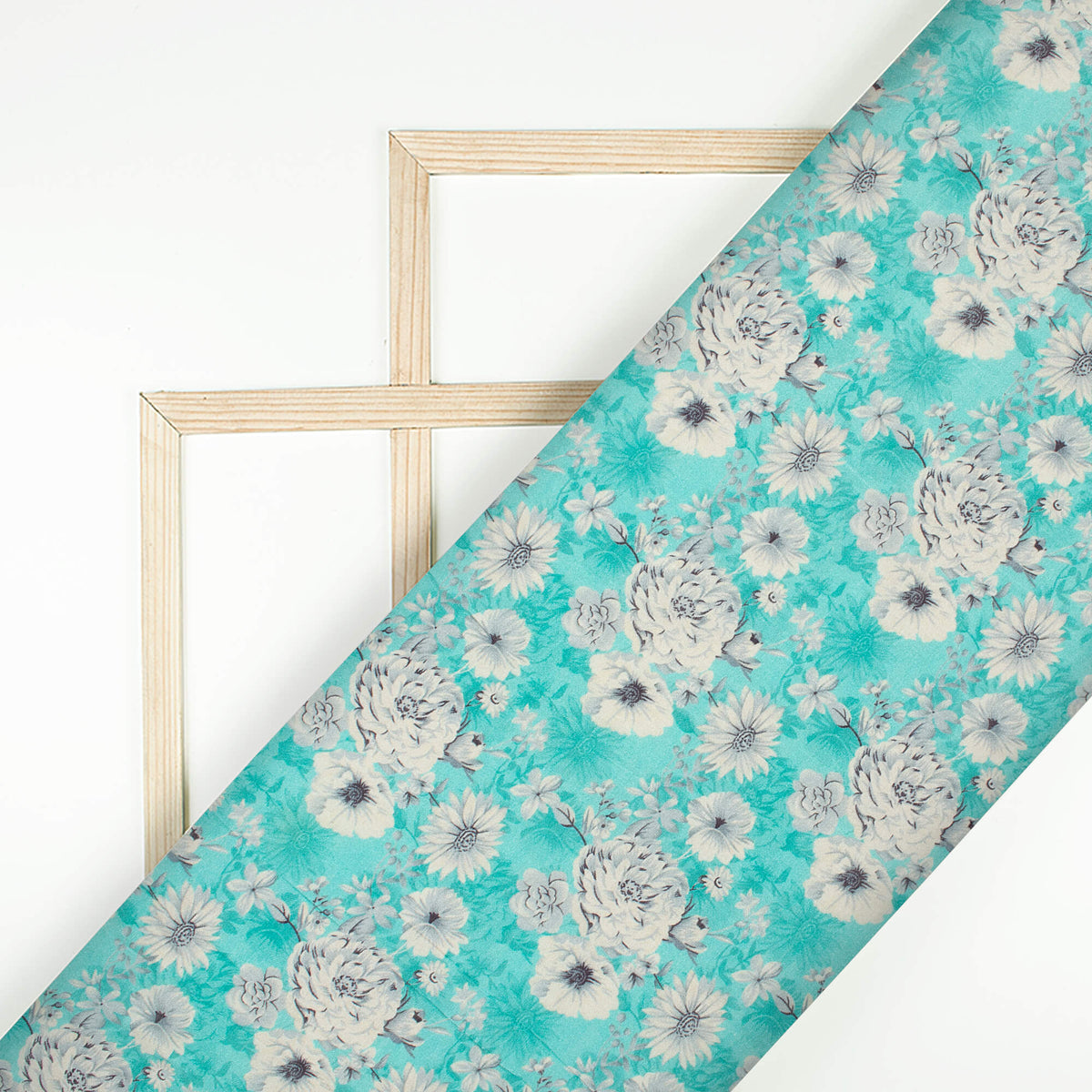 Sky Blue And White Floral Pattern Digital Print Viscose Chanderi Fabric