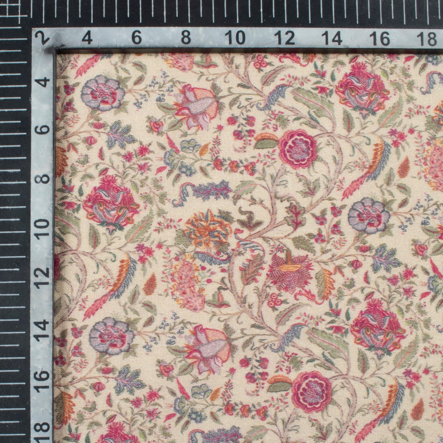 Moss Green And Magenta Purple Floral Pattern Digital Print Viscose Chanderi Fabric
