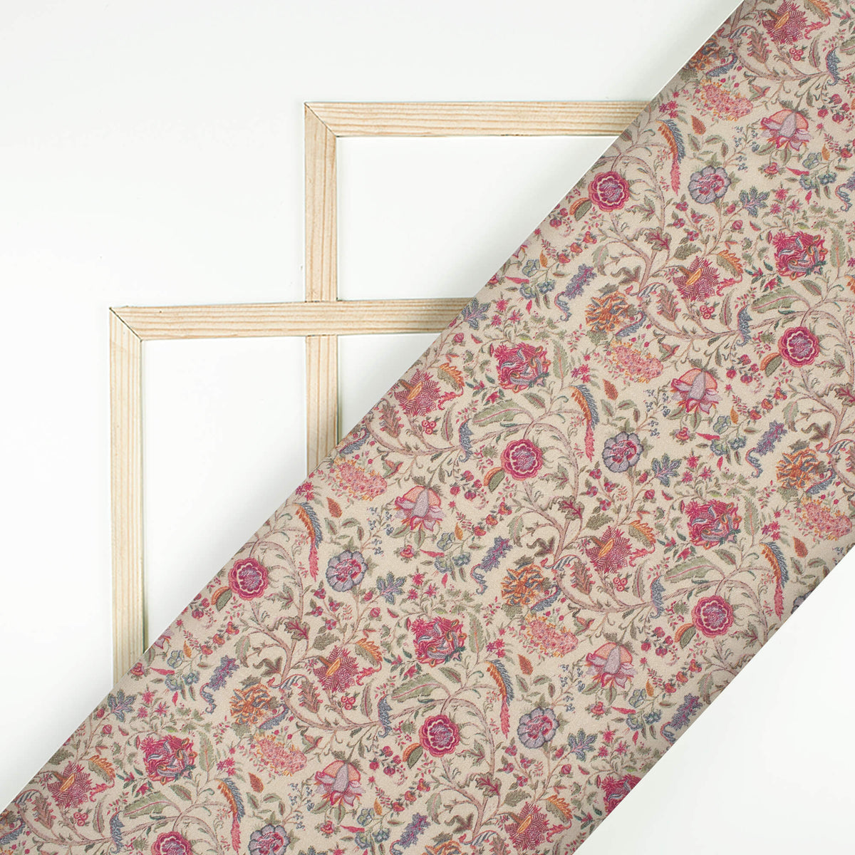 Moss Green And Magenta Purple Floral Pattern Digital Print Viscose Chanderi Fabric