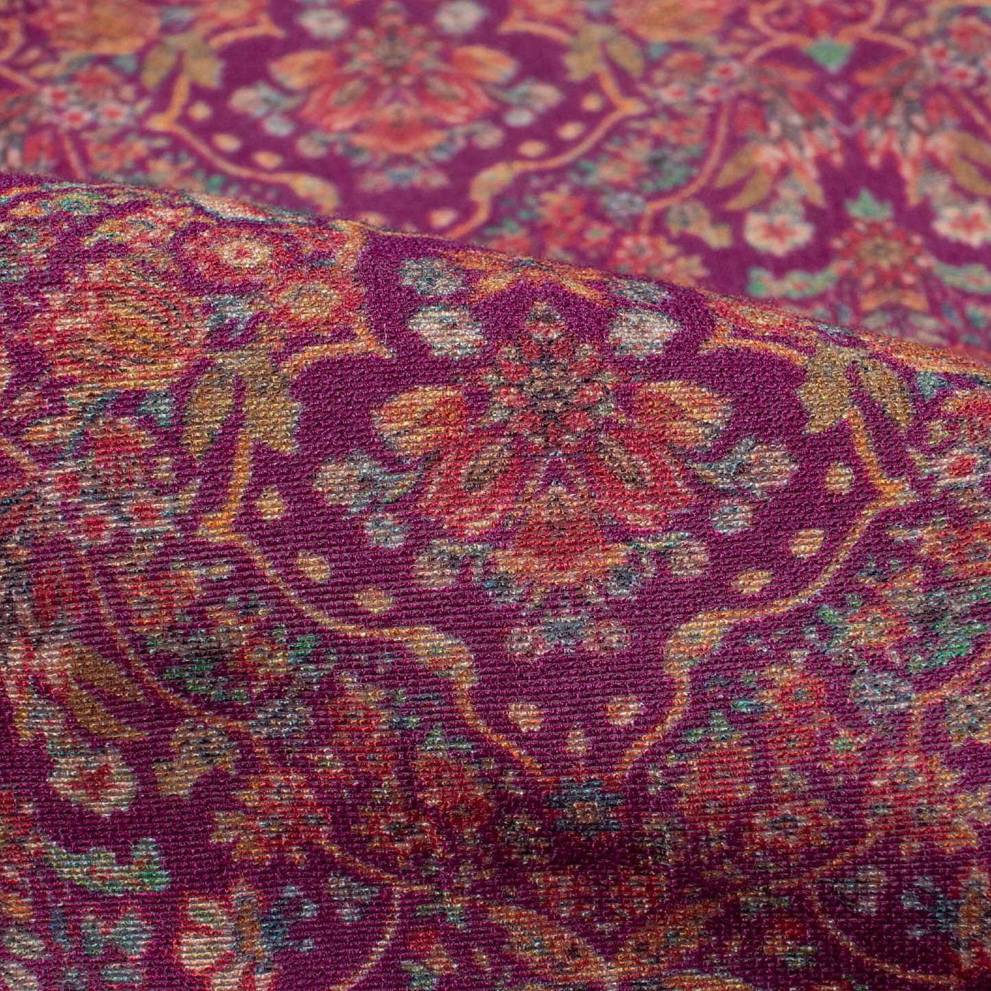 Sangria Purple And Dark Orange Floral Pattern Digital Print Viscose Chanderi Fabric