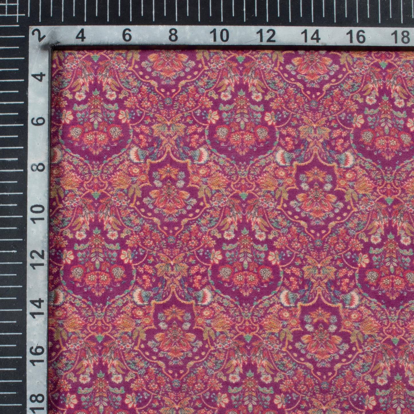 Sangria Purple And Dark Orange Floral Pattern Digital Print Viscose Chanderi Fabric