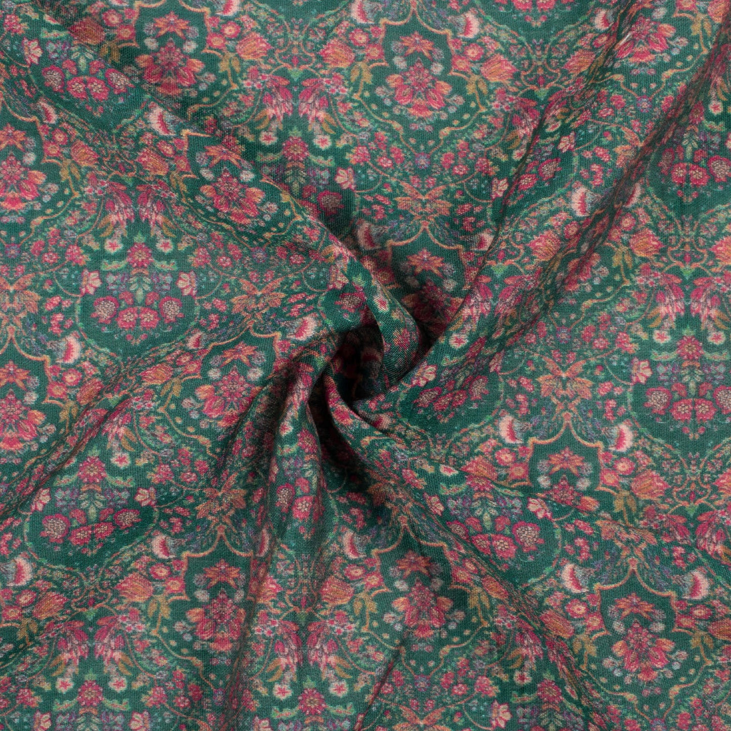 Forest Green And Magenta Purple Floral Pattern Digital Print Viscose Chanderi Fabric