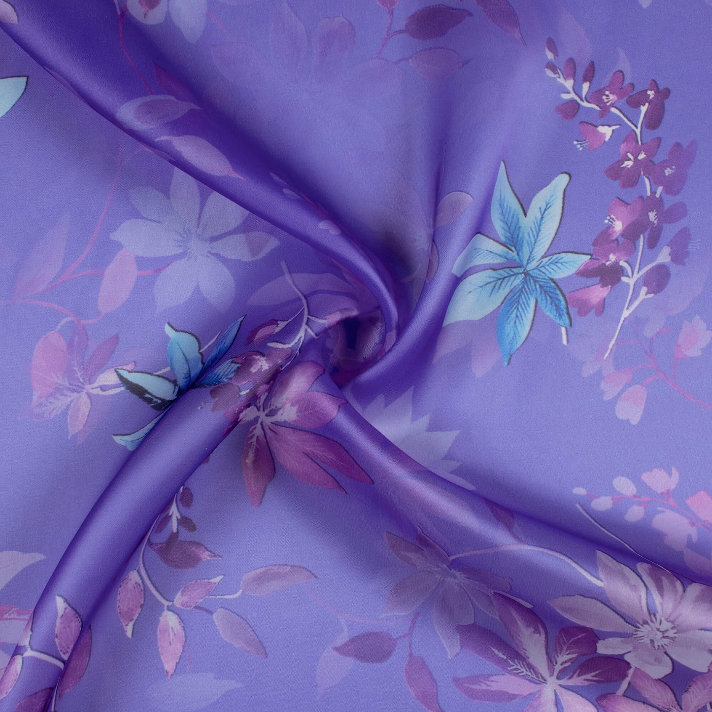 Very Peri And Blue Floral Pattern Digital Print Organza Satin Fabric