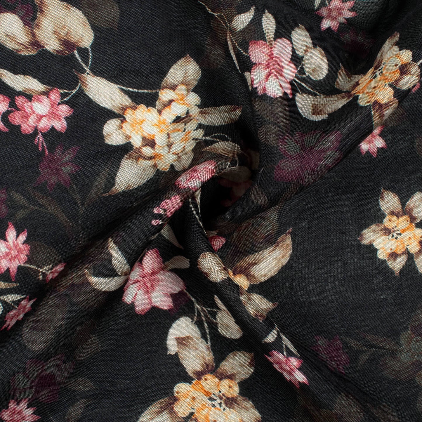 Black And Peach Floral Pattern Digital Print Viscose Muslin Fabric