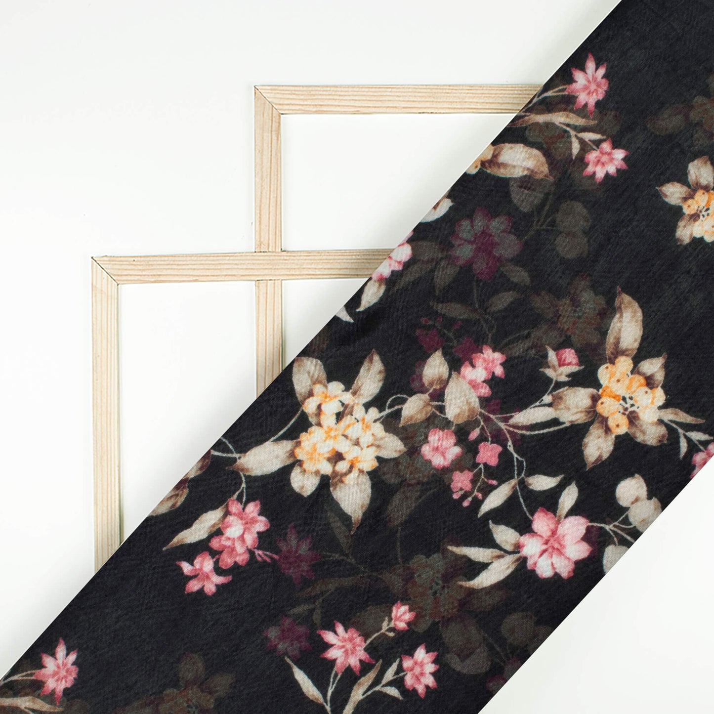 Black And Peach Floral Pattern Digital Print Viscose Muslin Fabric