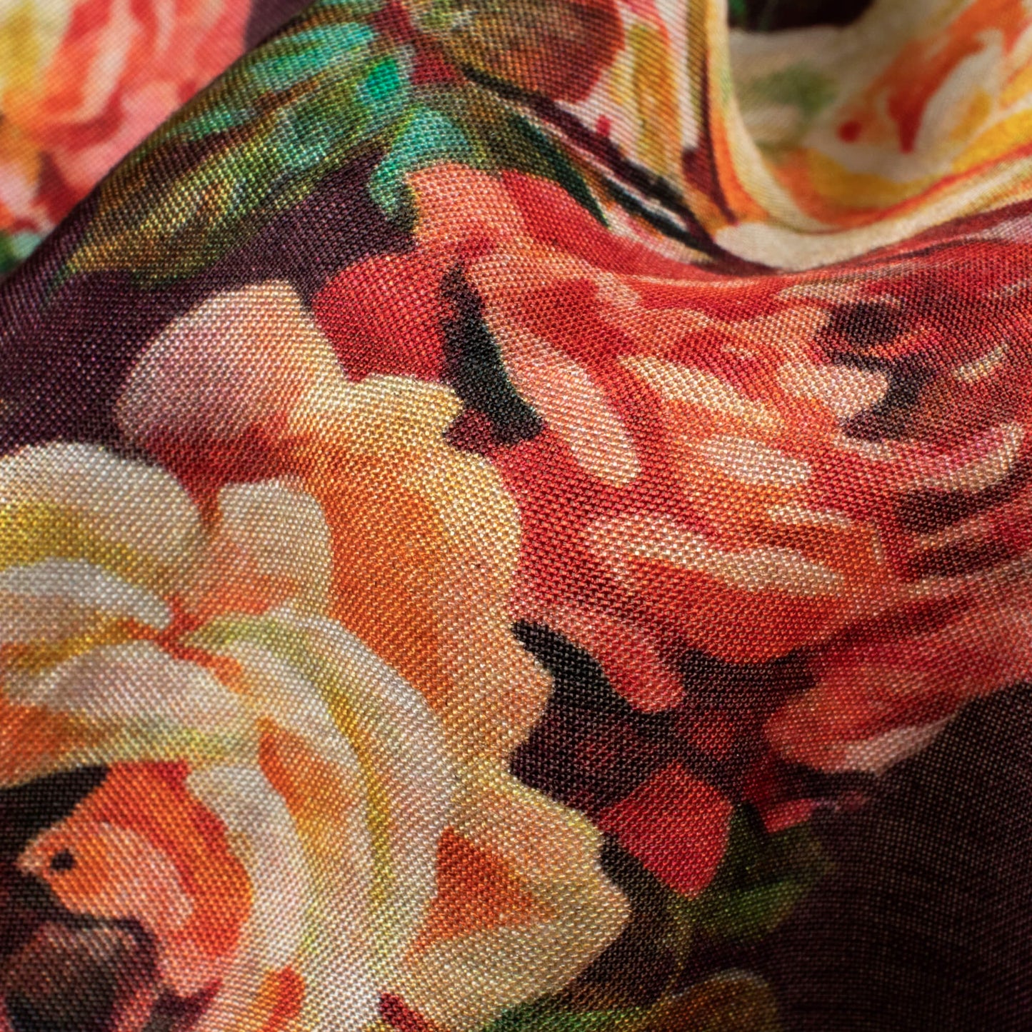 Chocolet Brown And Peach Floral Pattern Digital Print Viscose Muslin Fabric