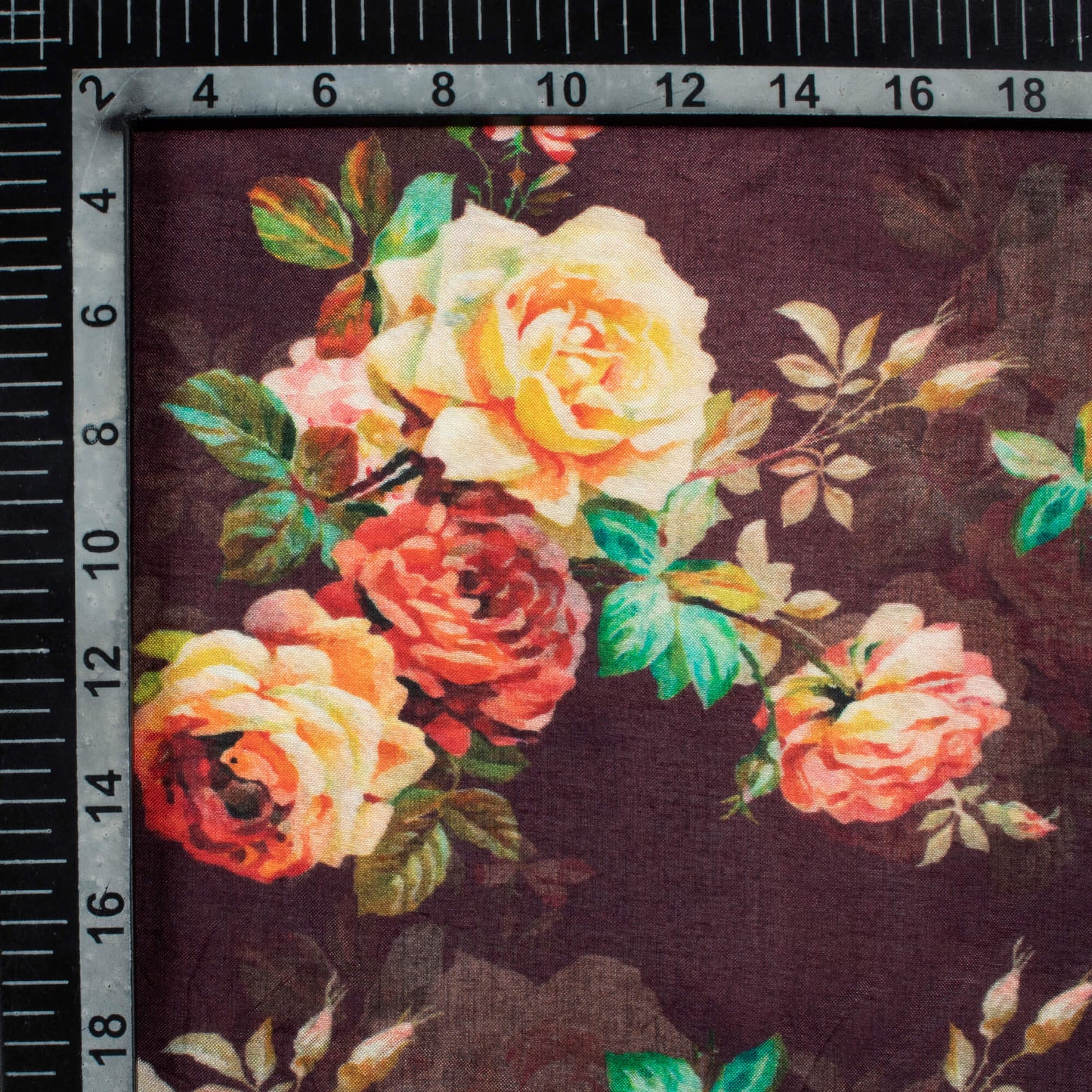 Chocolet Brown And Peach Floral Pattern Digital Print Viscose Muslin Fabric