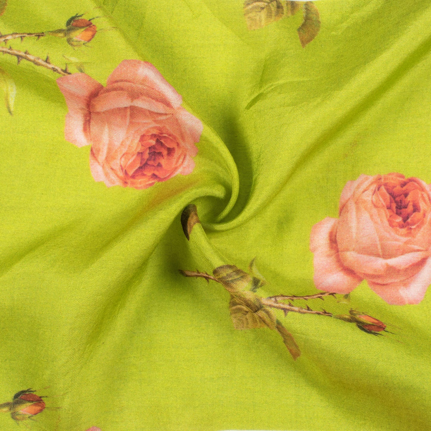 Parakeet Green And Peach Floral Pattern Digital Print Viscose Muslin Fabric