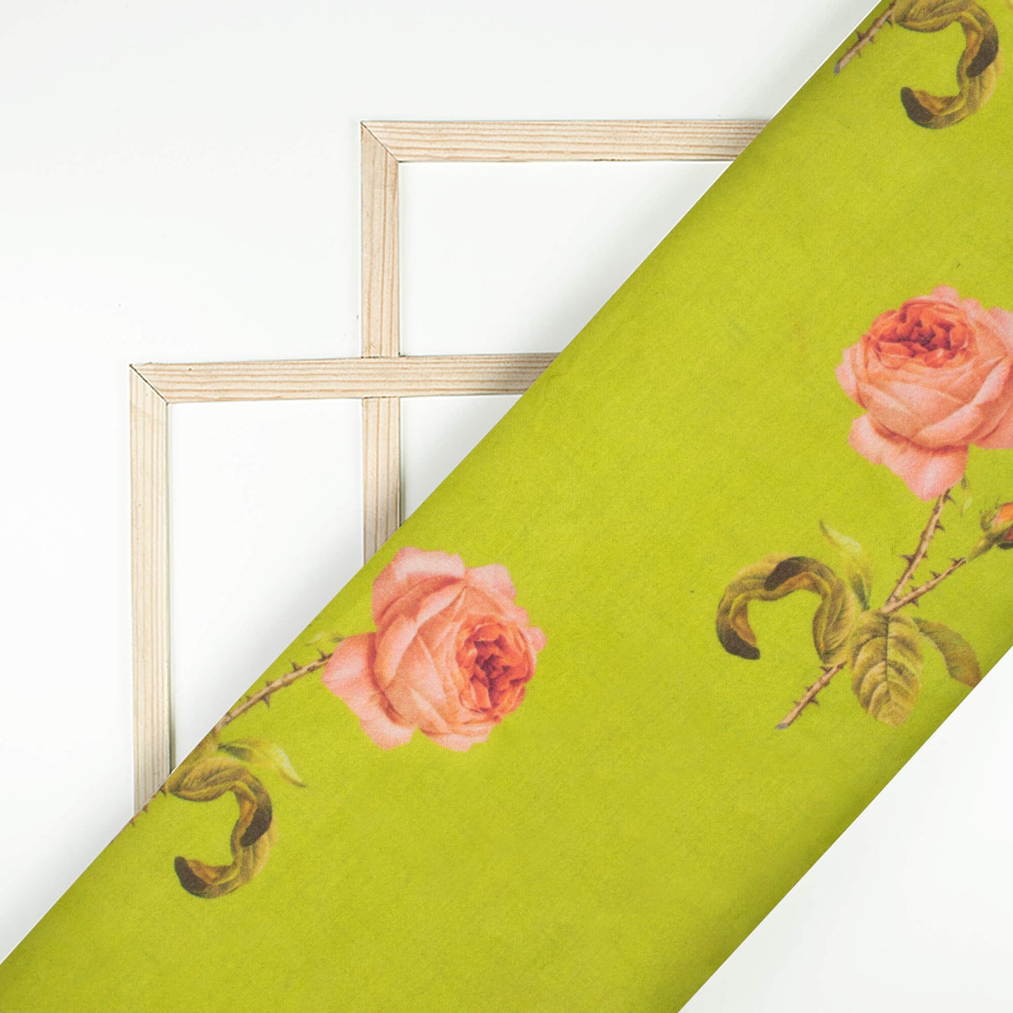 Parakeet Green And Peach Floral Pattern Digital Print Viscose Muslin Fabric