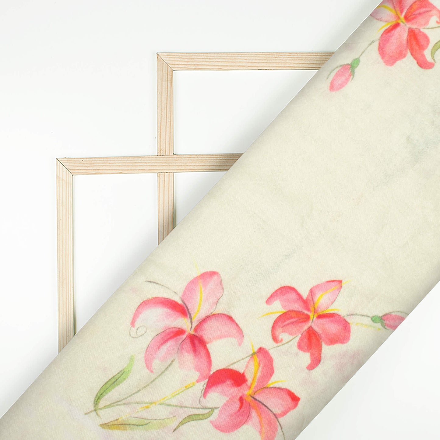 Cream And Taffy Pink Floral Pattern Digital Print Viscose Muslin Fabric