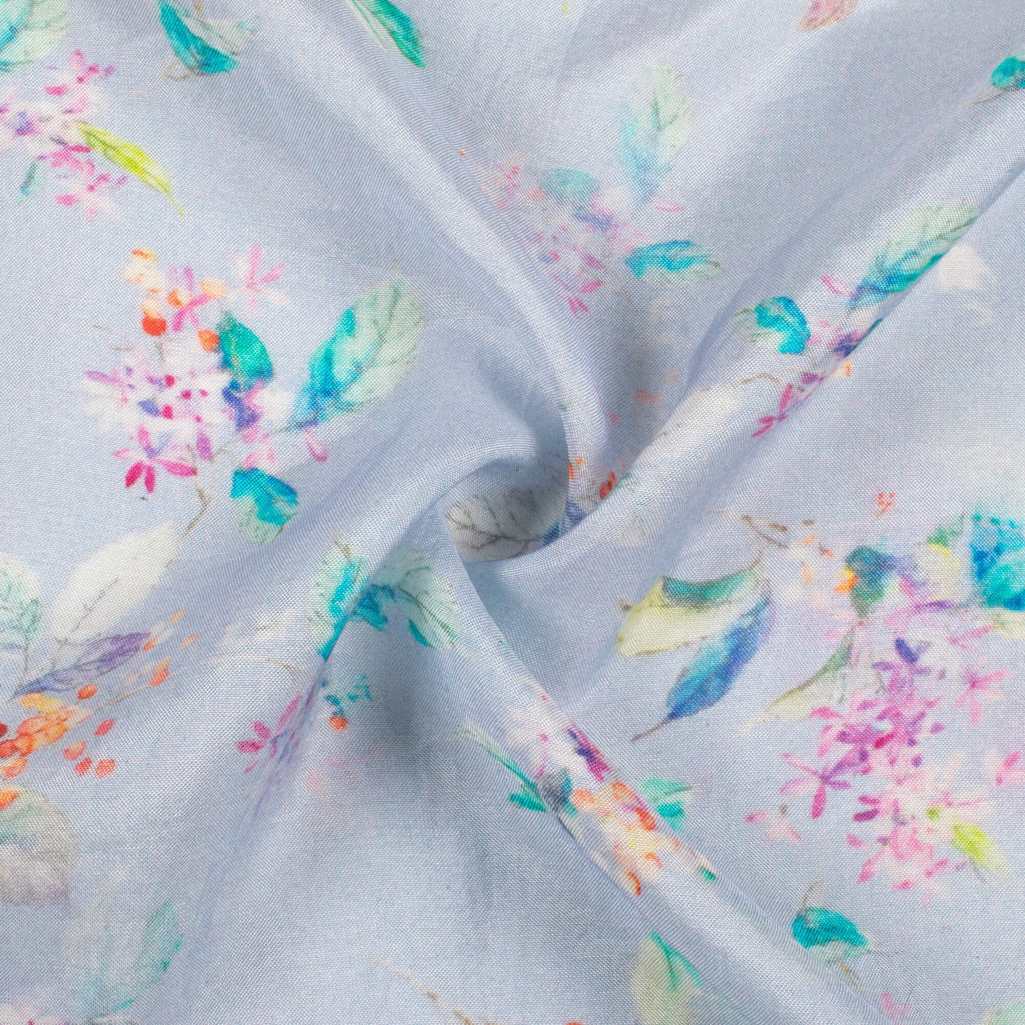 Wisteria Purple And Pine Green Leaf Pattern Digital Print Viscose Muslin Fabric