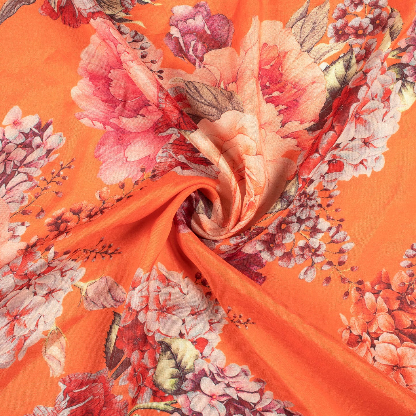 Fiery Orange And Blush Red Floral Pattern Digital Print Viscose Muslin Fabric