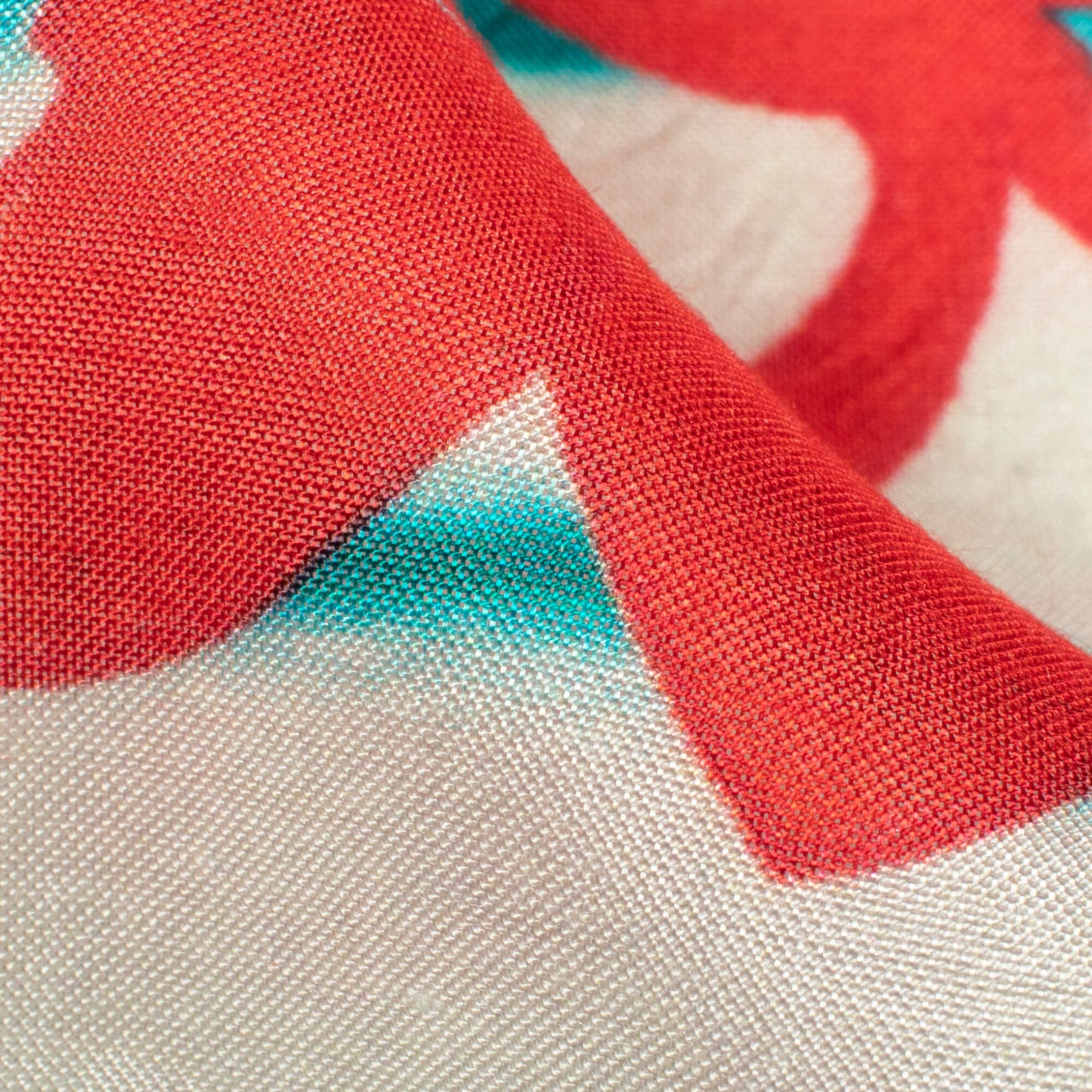 Teal Green And Vermilion Red Floral Pattern Digital Print Viscose Muslin Fabric