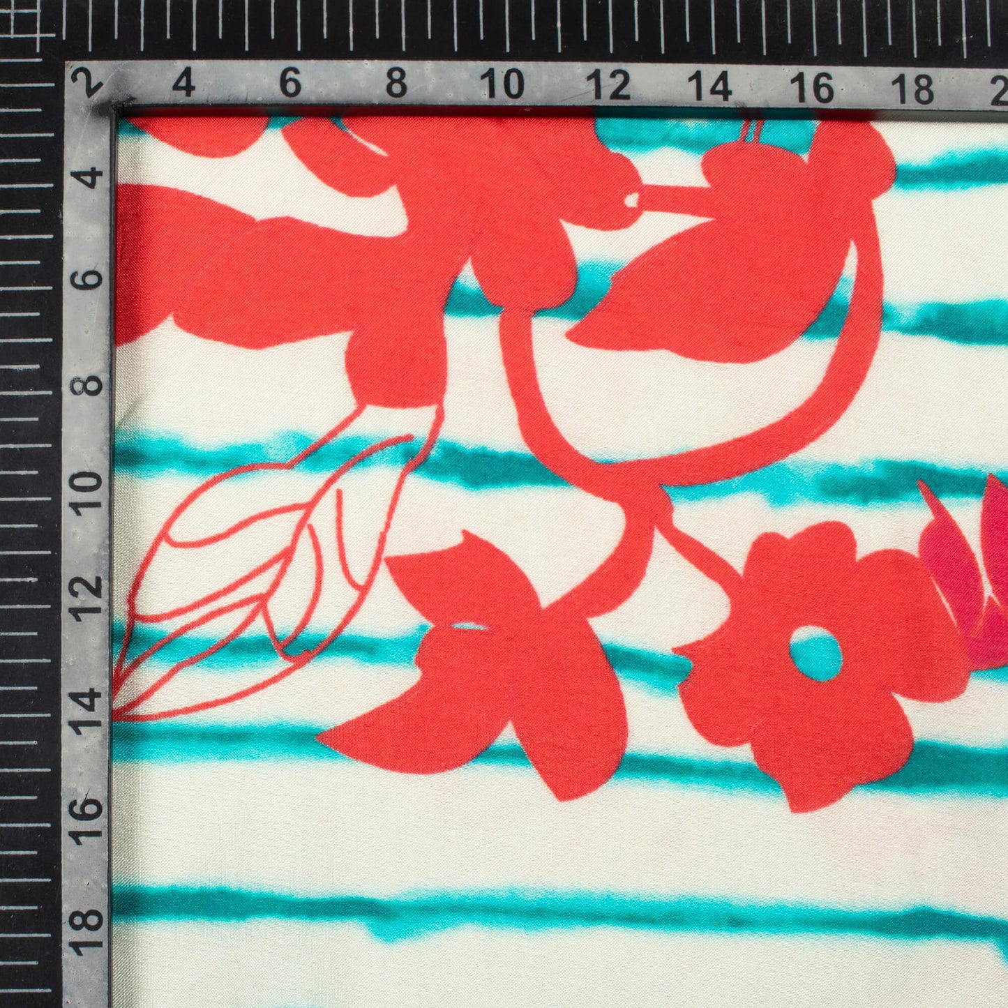 Teal Green And Vermilion Red Floral Pattern Digital Print Viscose Muslin Fabric