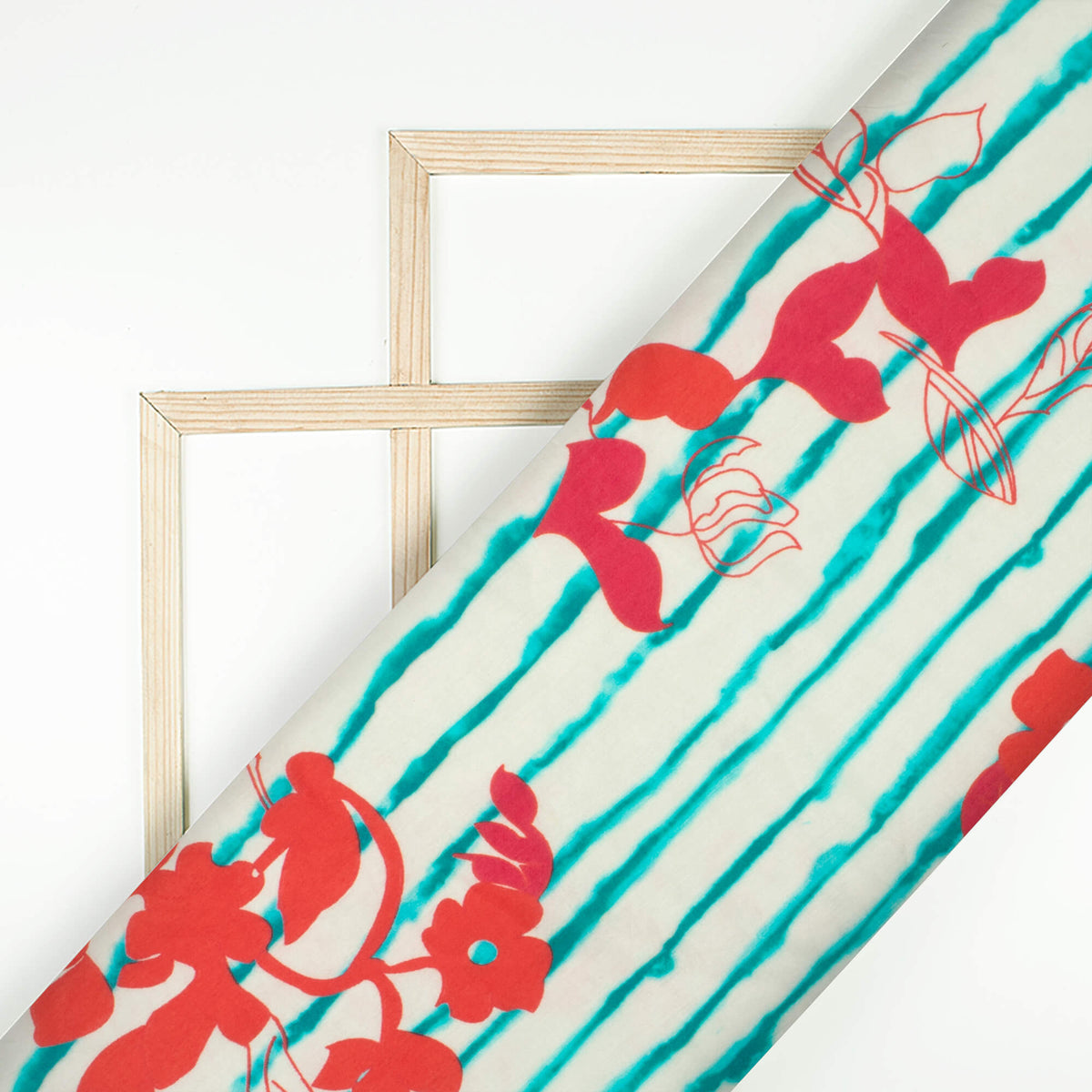 Teal Green And Vermilion Red Floral Pattern Digital Print Viscose Muslin Fabric