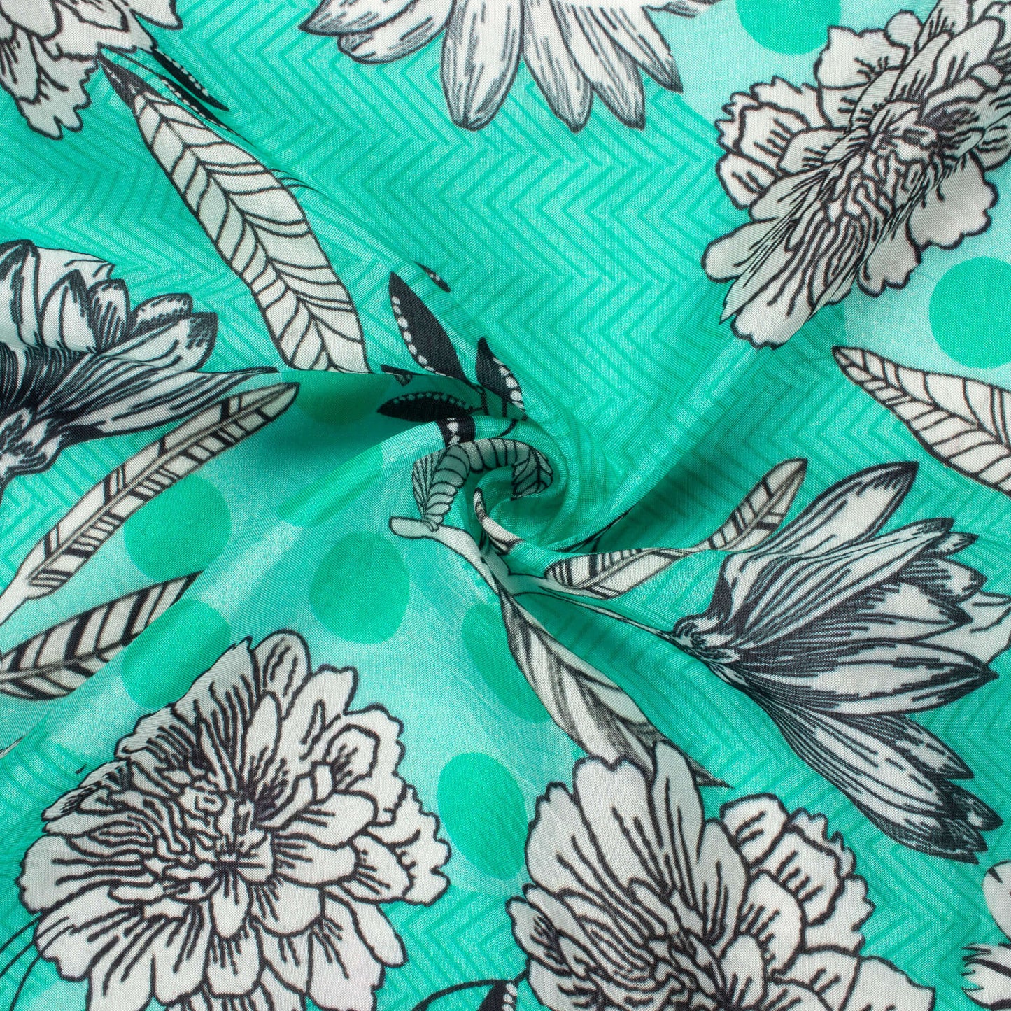 Aqua Green And Black Floral Pattern Digital Print Viscose Muslin Fabric