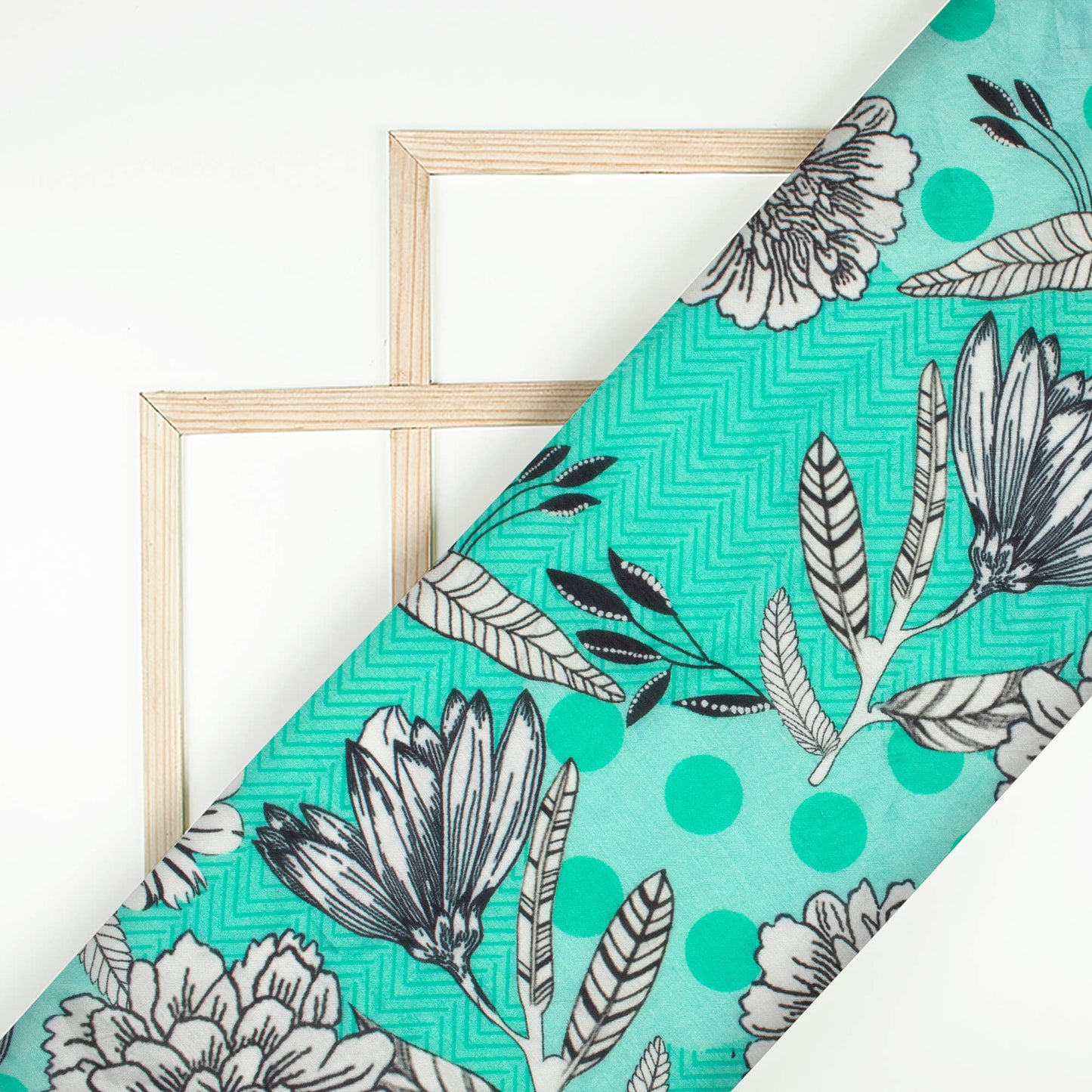 Aqua Green And Black Floral Pattern Digital Print Viscose Muslin Fabric