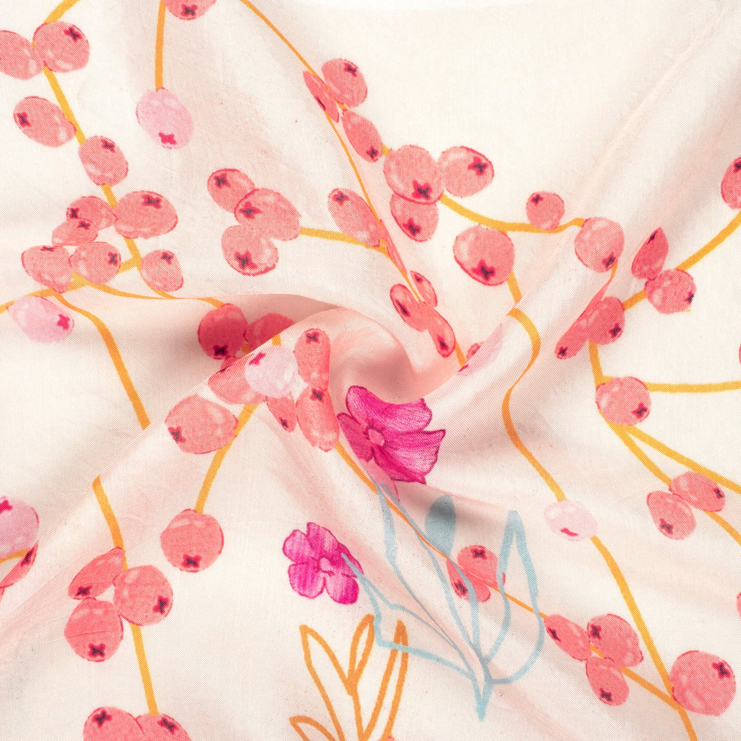 Ivory Cream And Salmon Pink Floral Pattern Digital Print Viscose Muslin Fabric